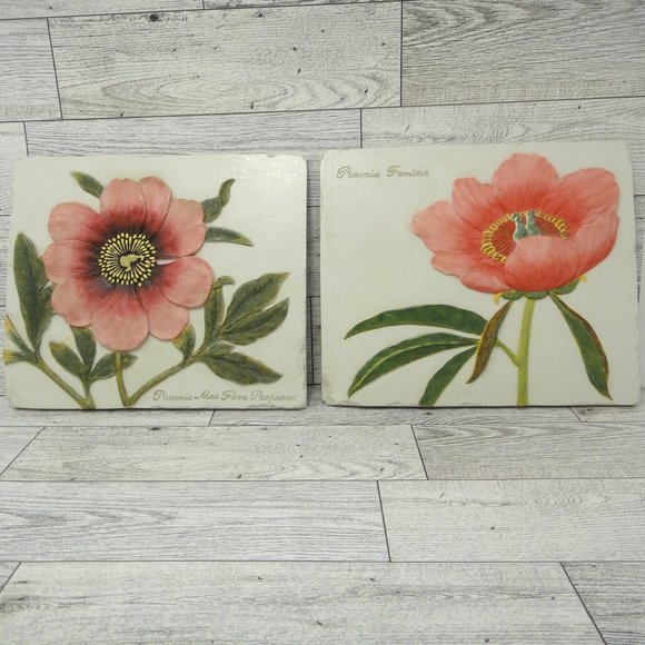 Peony Wall Plaques Tiles by Ibis & Orchid Design Pink Green Bonded Marble - Picture 1 of 16